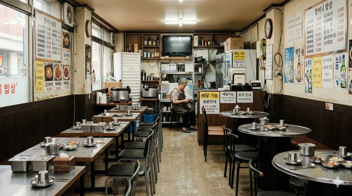 손님 없는 한국 식당 내부, 멀리 카운터에 앉아있는 사장님